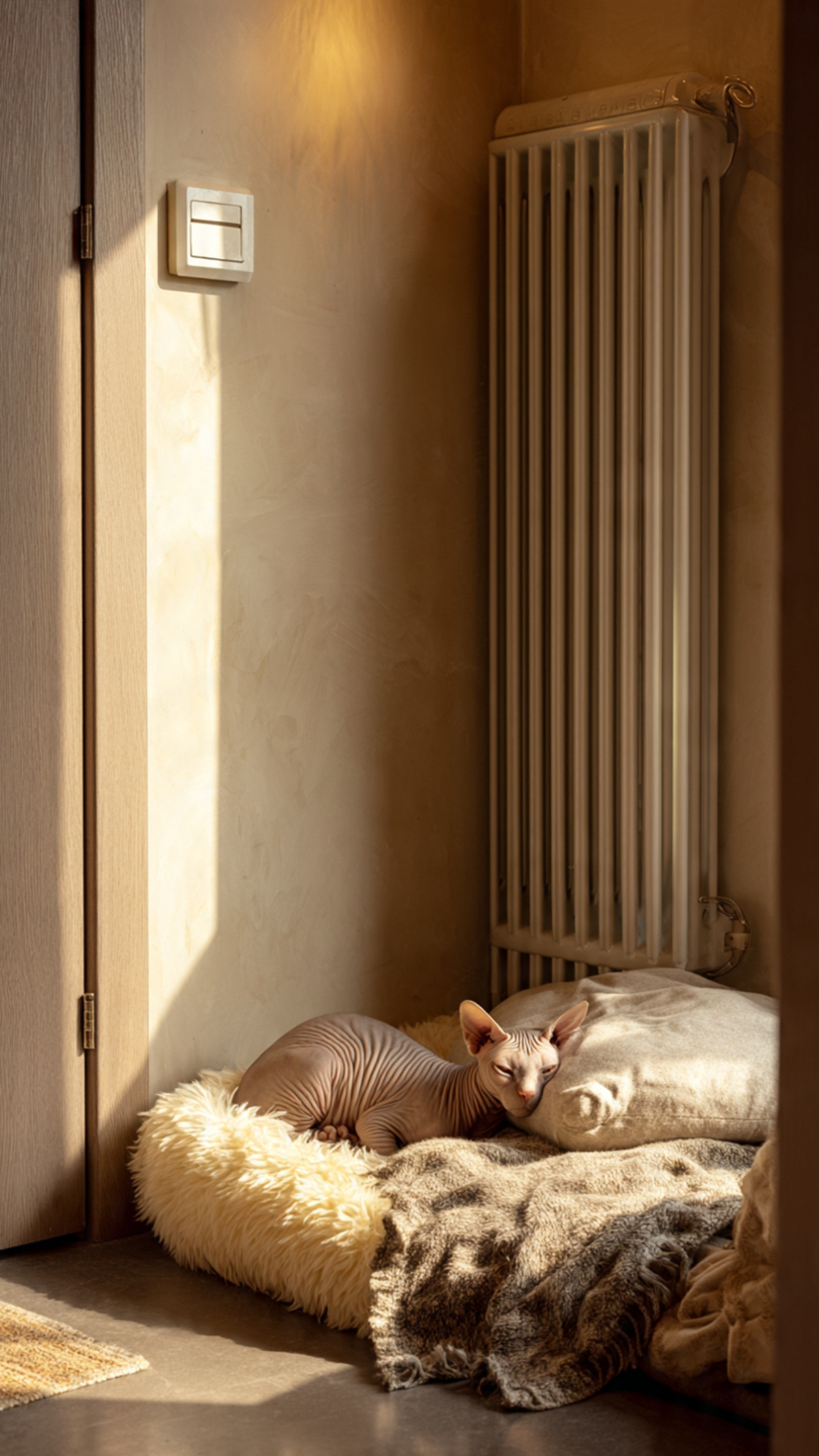 Gato sphynx al lado de calefacción