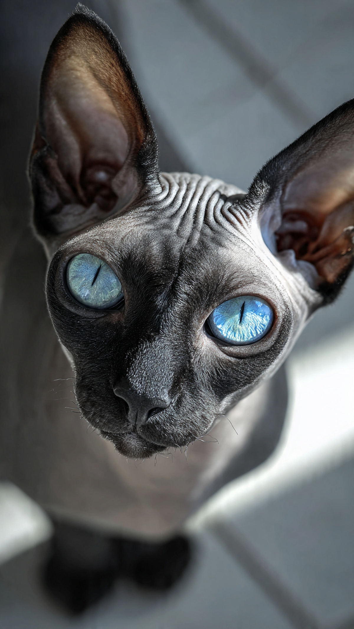 un gato sphynx negro de ojos azules (gen altai)