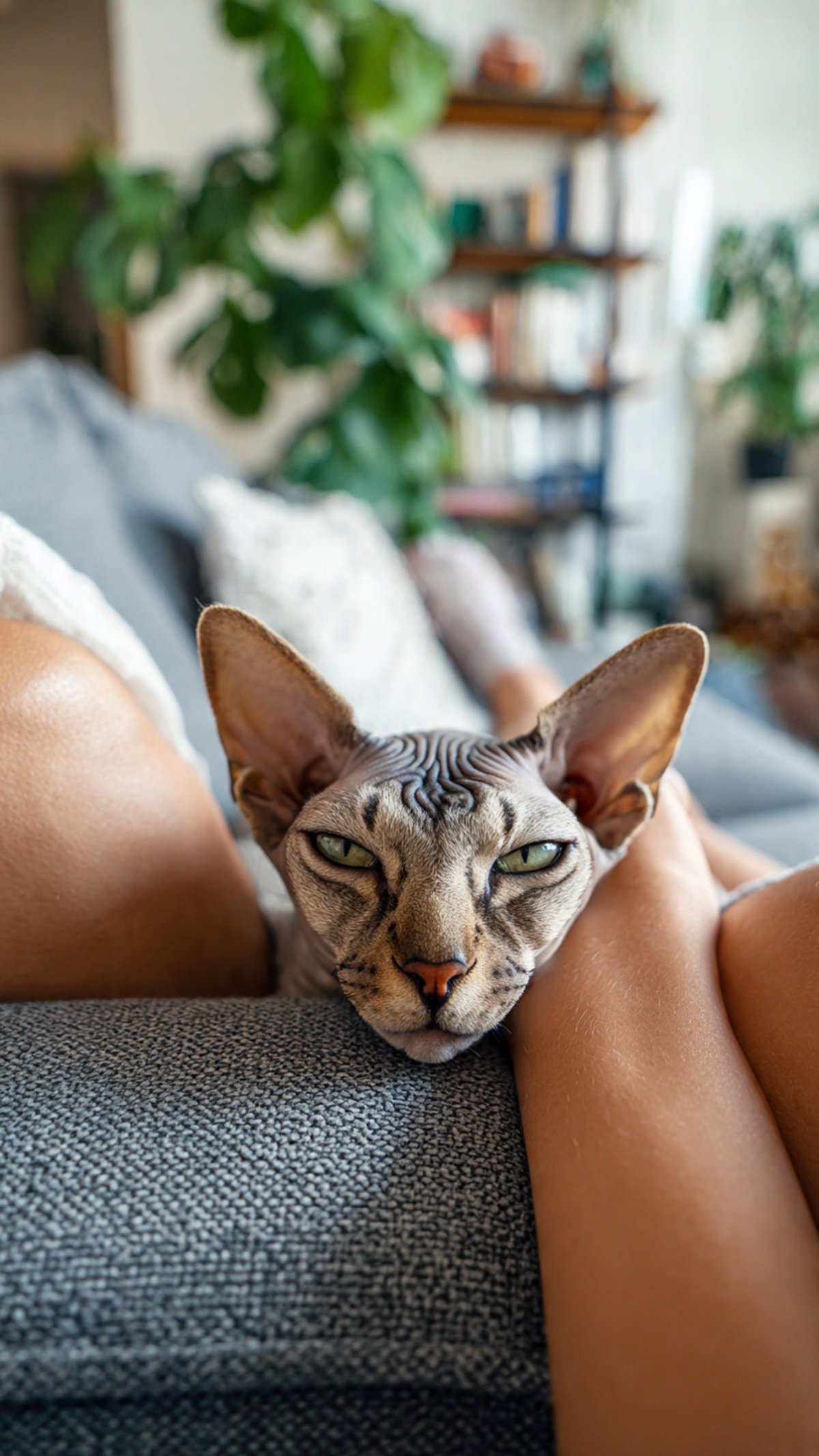 un gato sphynx rayado acostado en el sillon
