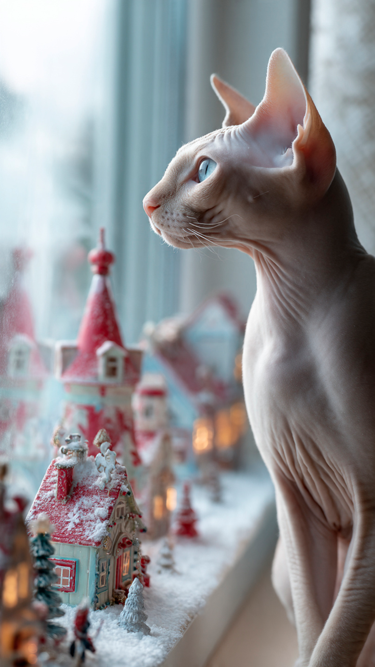 Gato sphynx mirando la ventana en un entorno de navidad