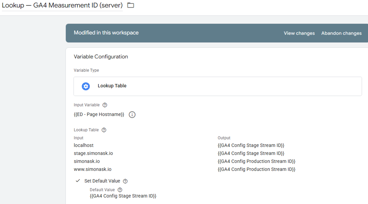 Google Tag Manager Server-side Lookup Table configuration showing environment-based routing logic for GA4 Measurement IDs
