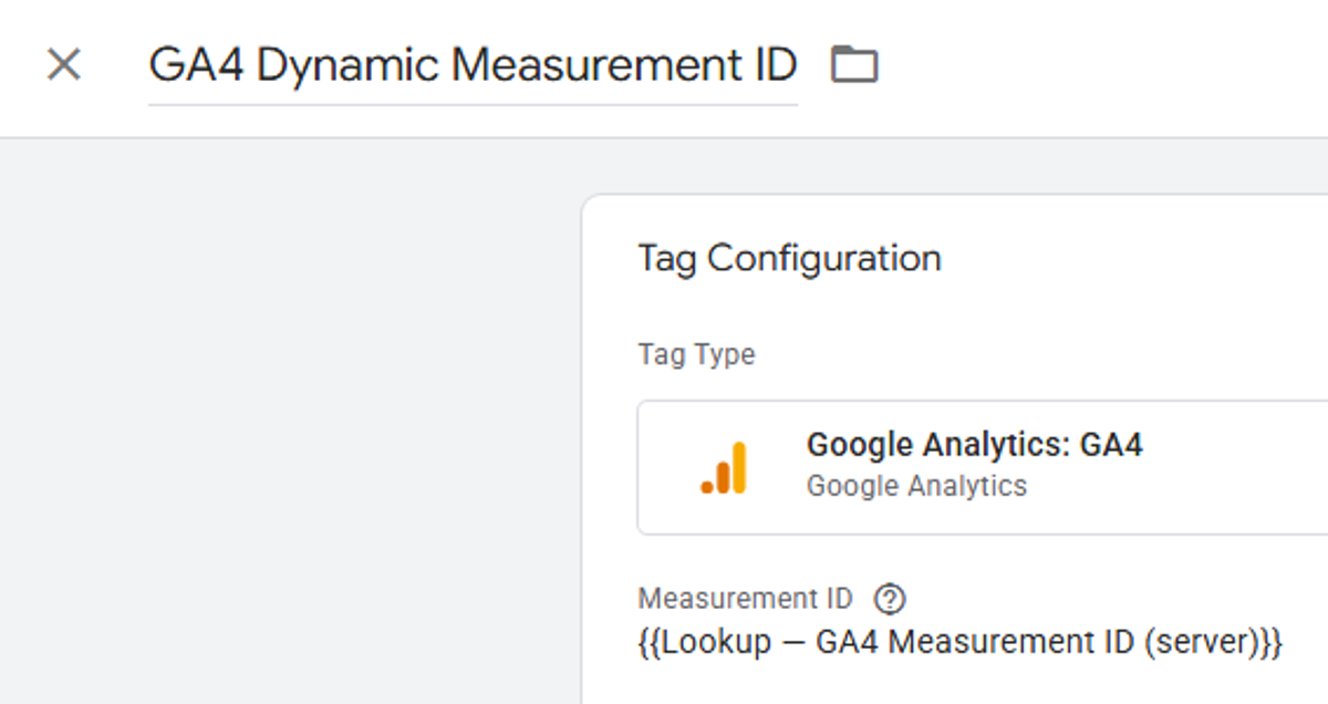 GA4 tag configuration in Server GTM using a dynamic variable for the Measurement ID.