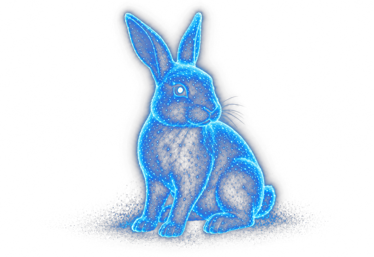Digital wireframe rabbit leaping, representing speed and precision