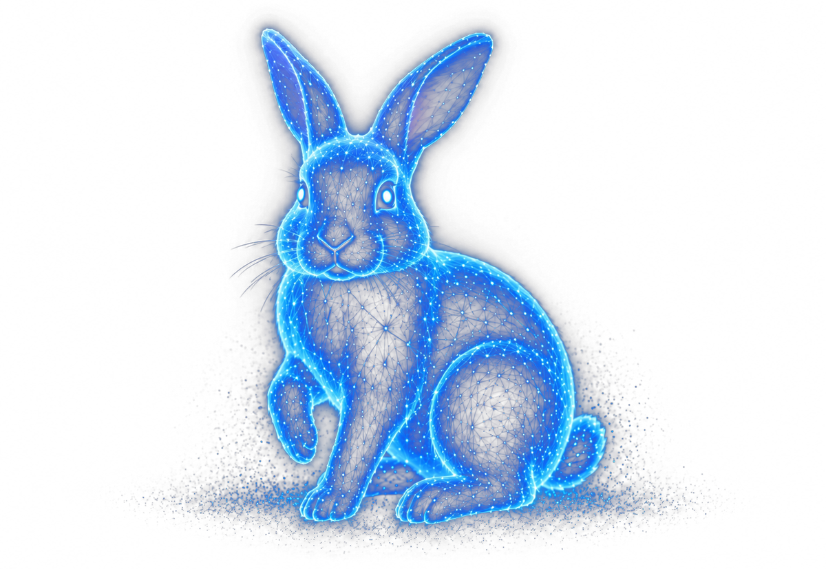 Digital wireframe rabbit leaping, representing speed and precision