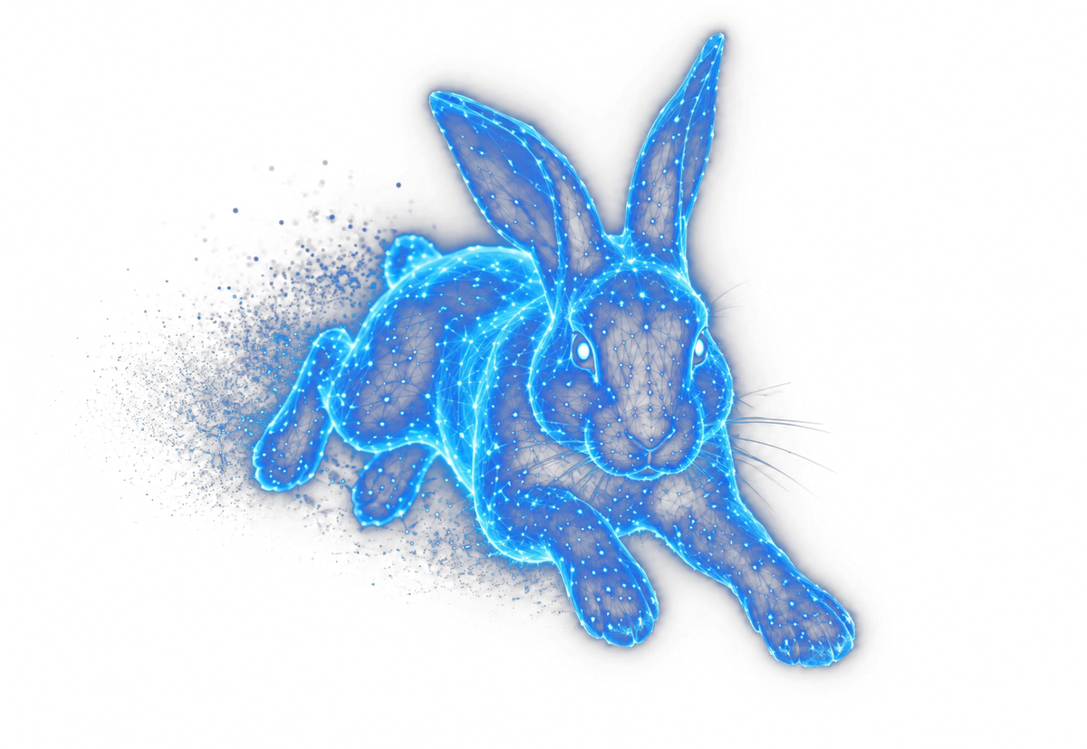 Digital wireframe rabbit leaping, representing speed and precision
