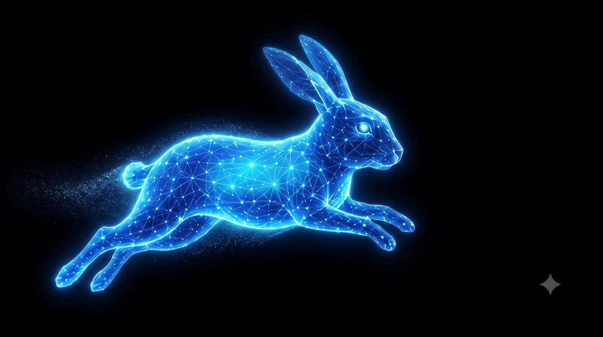 Digital wireframe rabbit leaping, representing speed and precision