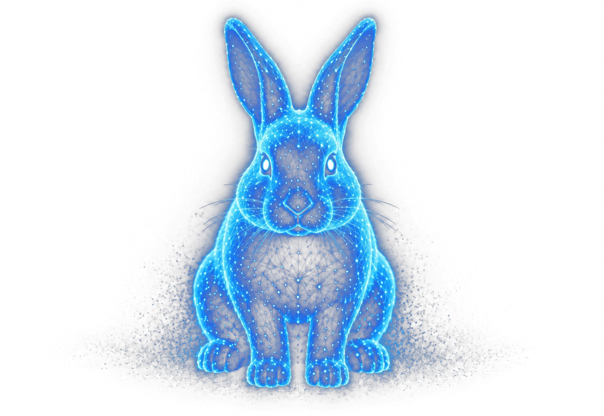Digital wireframe rabbit leaping, representing speed and precision
