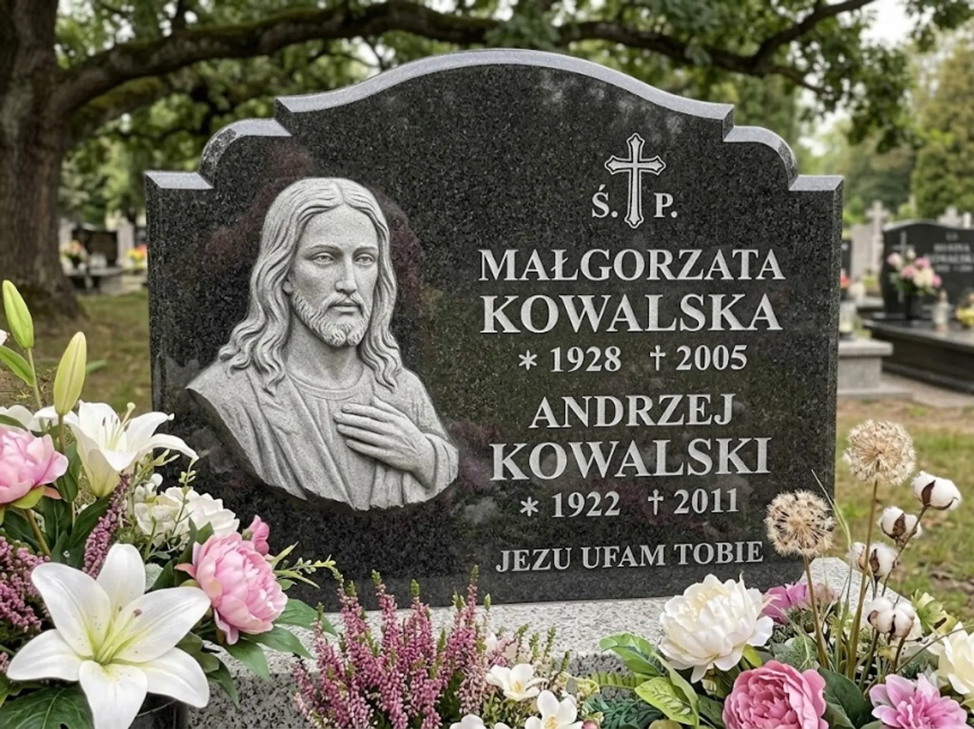 Piaskowany wizerunek religijny i ornament na nagrobku z granitu