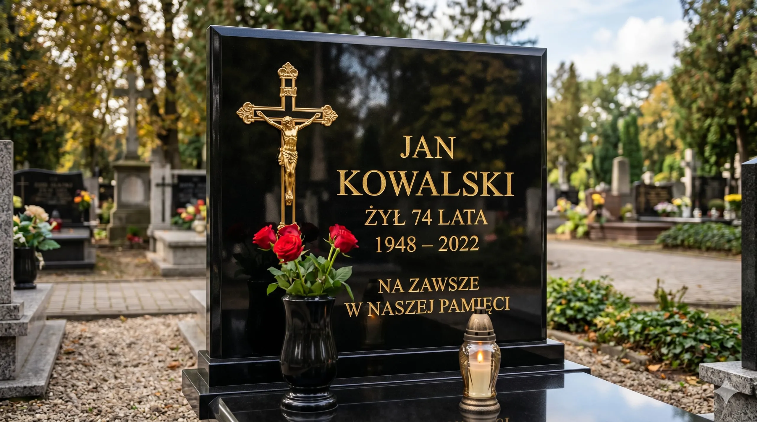 Pomnik granitowy z liternictwem nagrobkowym, zakład kamieniarski LIT-ART Strzegom