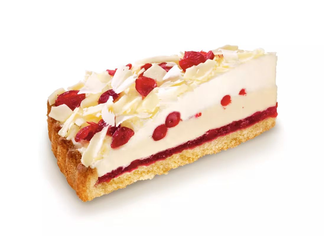 Round frozen lingonberry and white chocolate pie, 12 portions.