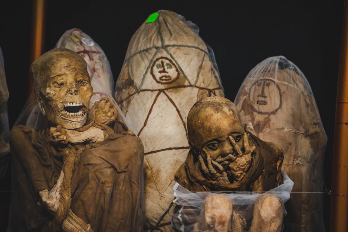 Chachapoya mummies and painted funerary bundles on display in the climate-controlled room at the Museo Leymebamba