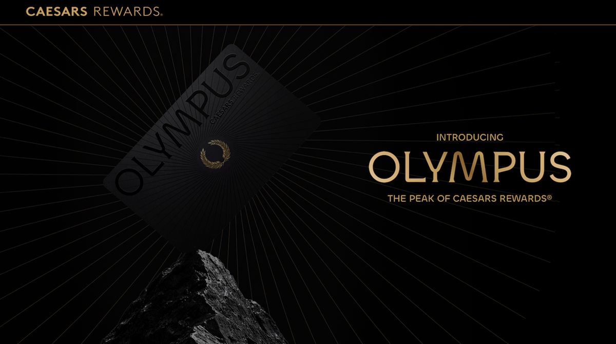 Black Caesars Rewards Olympus card on a mountain peak with text: Introducing Olympus, the peak of
