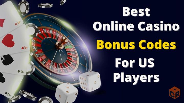Roulette wheel, playing cards, and dice with text: Best Online Casino Bonus Codes For US Players.