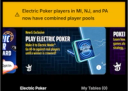 DraftKings Electric Poker interface showing a banner: "Electric Poker players in MI, NJ, and PA now have combined player pools.
