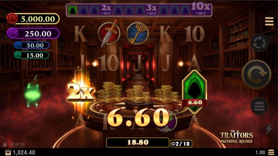 Screenshot of The Traitors: Faithful Riches online slot game, showing a 6