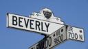 A street sign for Beverly Dr and Elevado Ave in Beverly Hills, California, set against a clear blue sky.