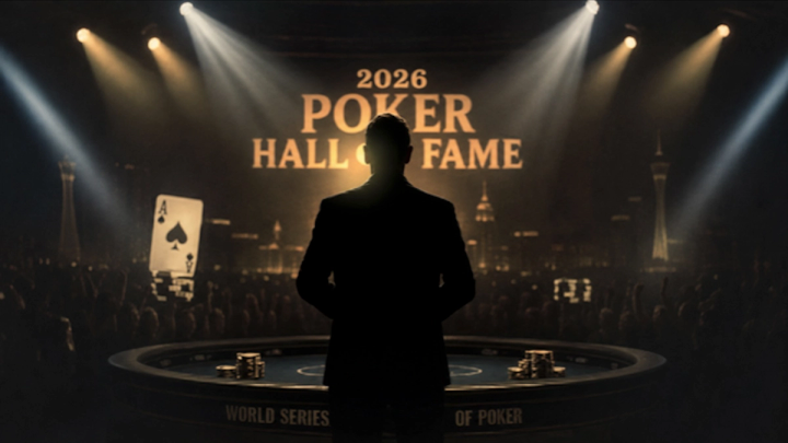 Silhouette of a man standing before a poker table and a stage screen reading "2026 Poker