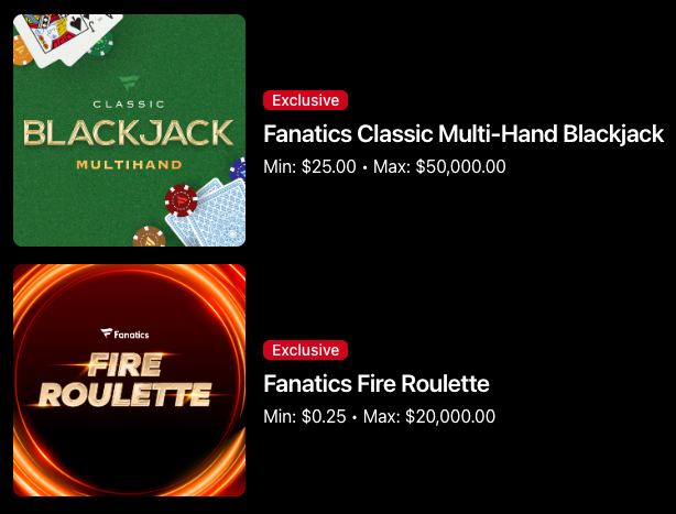 Fanatics Casino table game titles