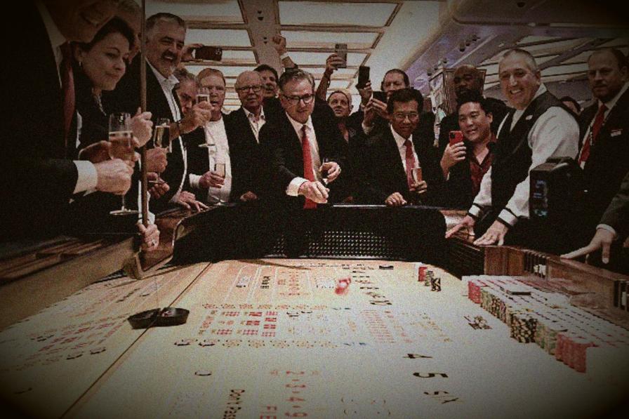 President of Resorts World Las Vegas, Scott Sibella, and guests make first roll of the dice at the Resorts World Las Vegas Grand Opening on June 24, 2021 in Las Vegas, Nevada. (Photo by Bryan Steffy/Getty Images)