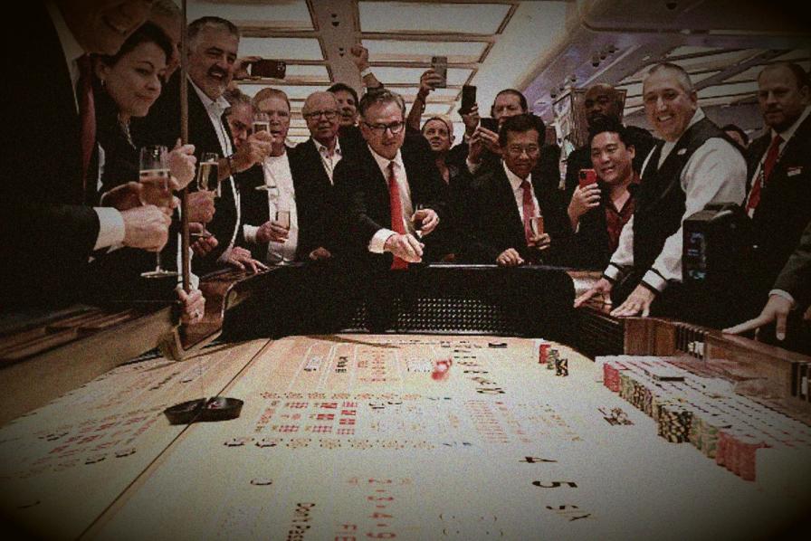 President of Resorts World Las Vegas, Scott Sibella, and guests make first roll of the dice at the Resorts World Las Vegas Grand Opening on June 24, 2021 in Las Vegas, Nevada. (Photo by Bryan Steffy/Getty Images)