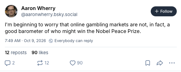 herry joking that online gambling markets are not a good barometer for predicting the Nobel Peace