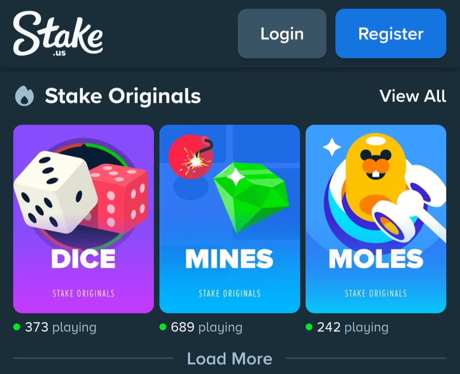 Stake.us casino lobby showing game categories and featured Stake Originals