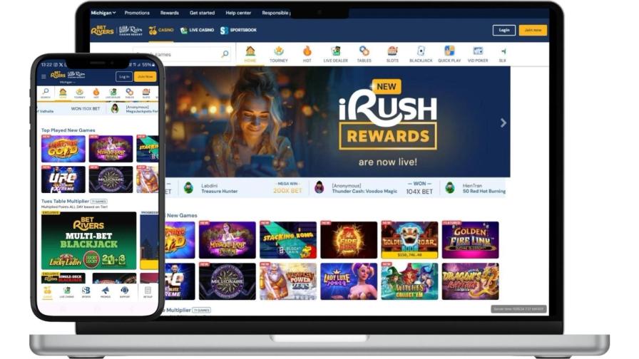 Betrivers casino MI screenshots on smartphone and laptop screens.
