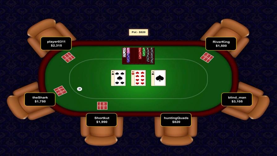 An online Texas Hold'em poker table showing the flop