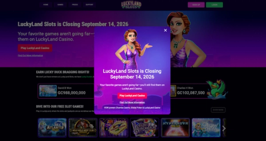 Pop-up on the LuckyLand Slots website announcing its closure on September 14, 20
