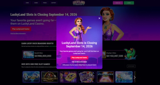 Pop-up on the LuckyLand Slots website announcing its closure on September 14, 20