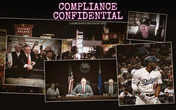 Collage for "Compliance Confidential" series featuring Las Vegas casinos, a government hearing, and a