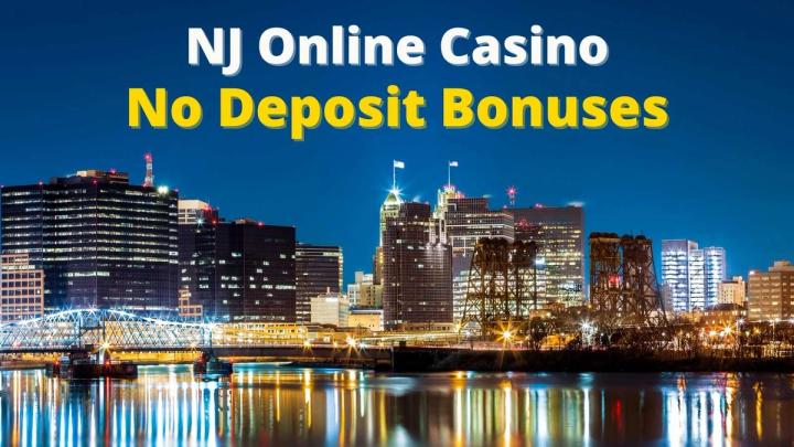 New Jersey city skyline at night with the text "NJ Online Casino No Deposit Bonuses" overlaid.
