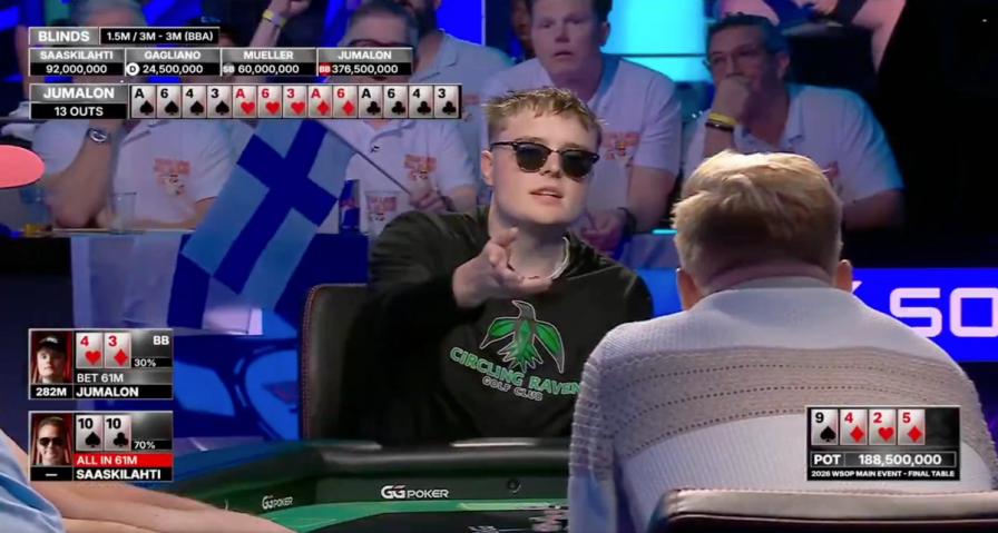 Two poker players face off heads-up at the WSOP final table, with one wearing sunglasses gesturing