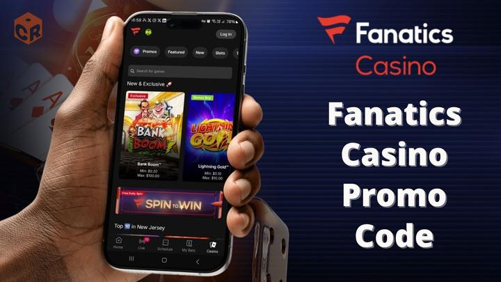 Fanatics Casino promo code written beside a screenshot of the homepage on a smartphone in a mans hand.