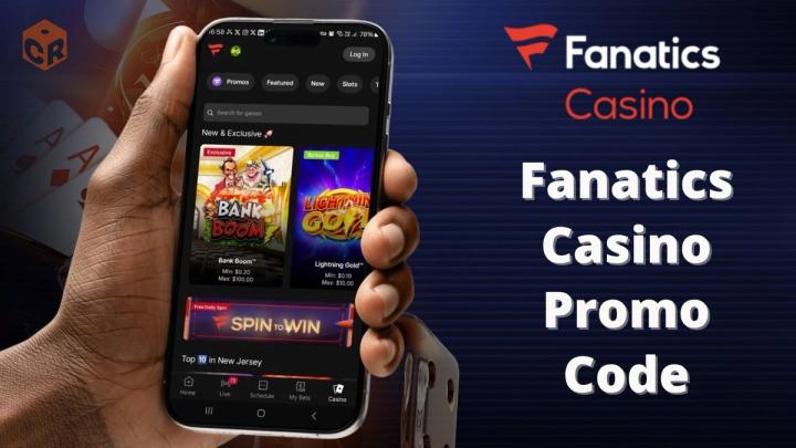 Fanatics Casino promo code written beside a screenshot of the homepage on a smartphone in a mans hand.