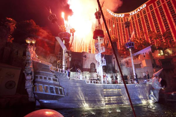 Performers on a pirate ship stage with pyrotechnics in front of the Treasure Island hotel in Las