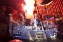 Performers on a pirate ship stage with pyrotechnics in front of the Treasure Island hotel in Las