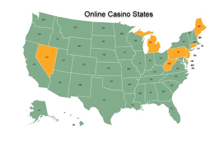 US map titled "Online Casino States" highlighting NV, MI, PA, WV