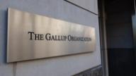 A brushed metal sign on a concrete wall reading, The Gallup Organization.