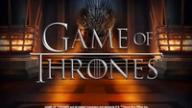 The Game of Thrones logo in silver text, with the Iron Throne and burning braziers in the background.