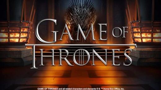 The Game of Thrones logo in silver text, with the Iron Throne and burning braziers in the background.