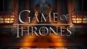 The Game of Thrones logo in silver text, with the Iron Throne and burning braziers in the background.