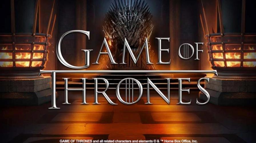 The Game of Thrones logo in silver text, with the Iron Throne and burning braziers in the background.