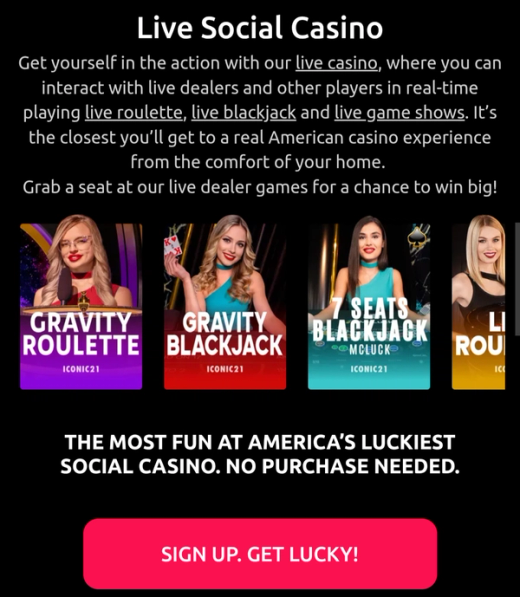 McLuck native app home screen showing live dealer and slot categories