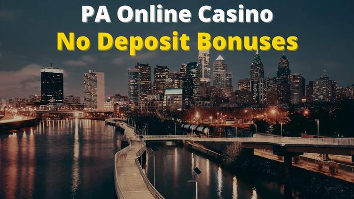 Philadelphia skyline at night with the text "PA Online Casino No Deposit Bonuses" overlaid.