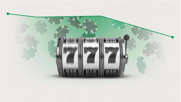 A slot machine showing 777 with falling poker chips and a downward-trending green line graph.
