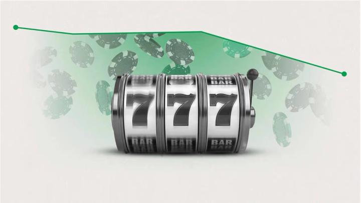A slot machine showing 777 with falling poker chips and a downward-trending green line graph.
