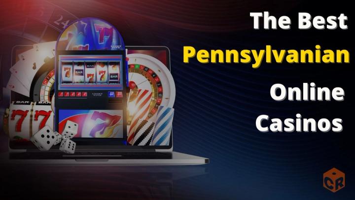 Laptop with 3D slot machine, roulette, and dice next to text: The Best Penns