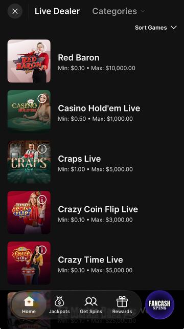 Fanatics Casino app home screen screenshot