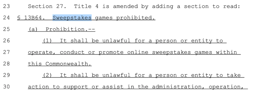 Legal text snippet prohibiting online sweepstakes games, with the word "Sweepstakes" highlighted in blue.